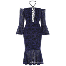 Kate Kasin Sexy Womens Aus der Schulter Lace Hips-Wrapped Meerjungfrau Marine Blue Bodycon Bleistift Kleid KK001050-1